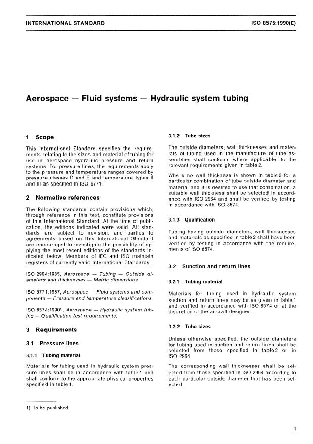 ISO 8575:1990 - Aerospace -- Fluid systems -- Hydraulic system tubing