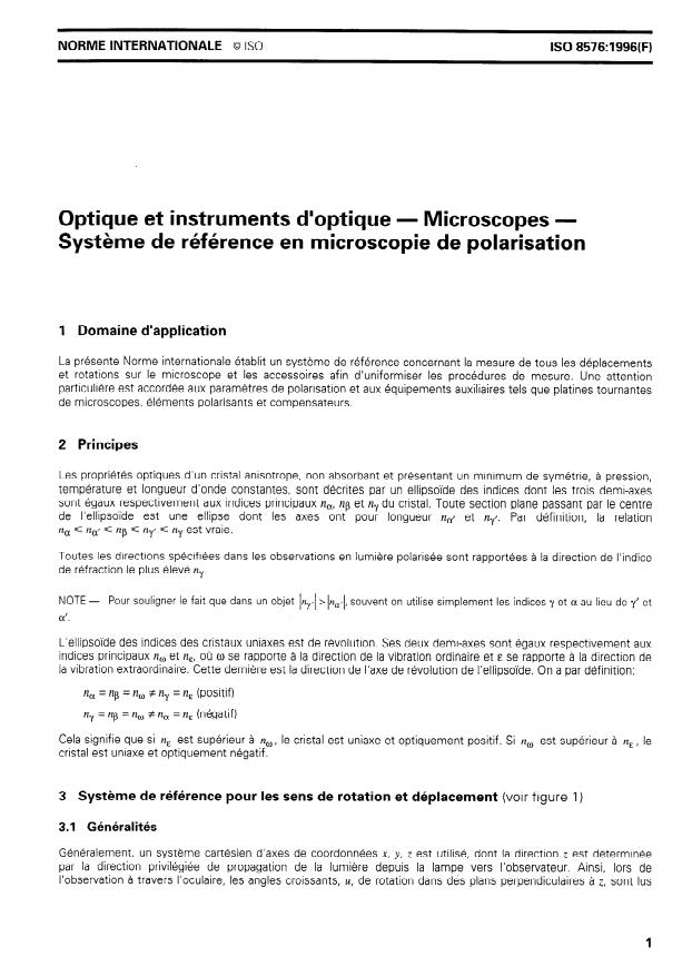 ISO 8576:1996 - Optique et instruments d'optique -- Microscopes -- Systeme de référence en microscopie de polarisation