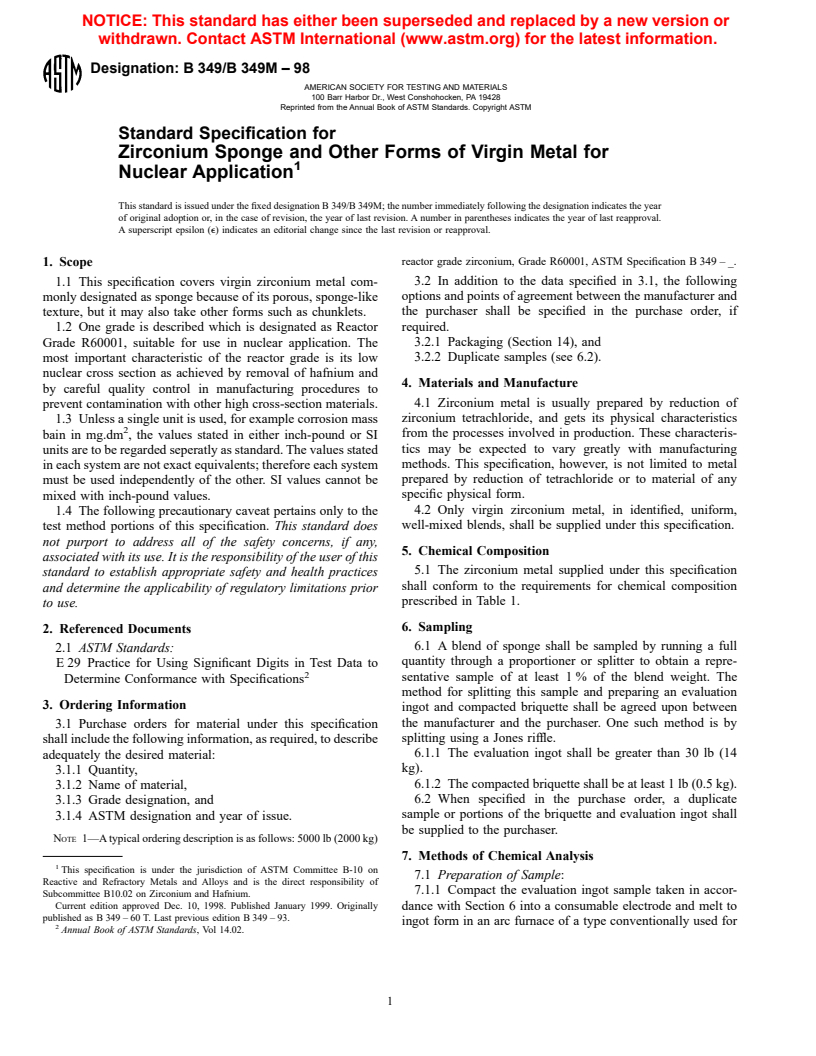 ASTM B349/B349M-98 - Standard Specification for Zirconium Sponge and Other Forms of Virgin Metal for Nuclear Application