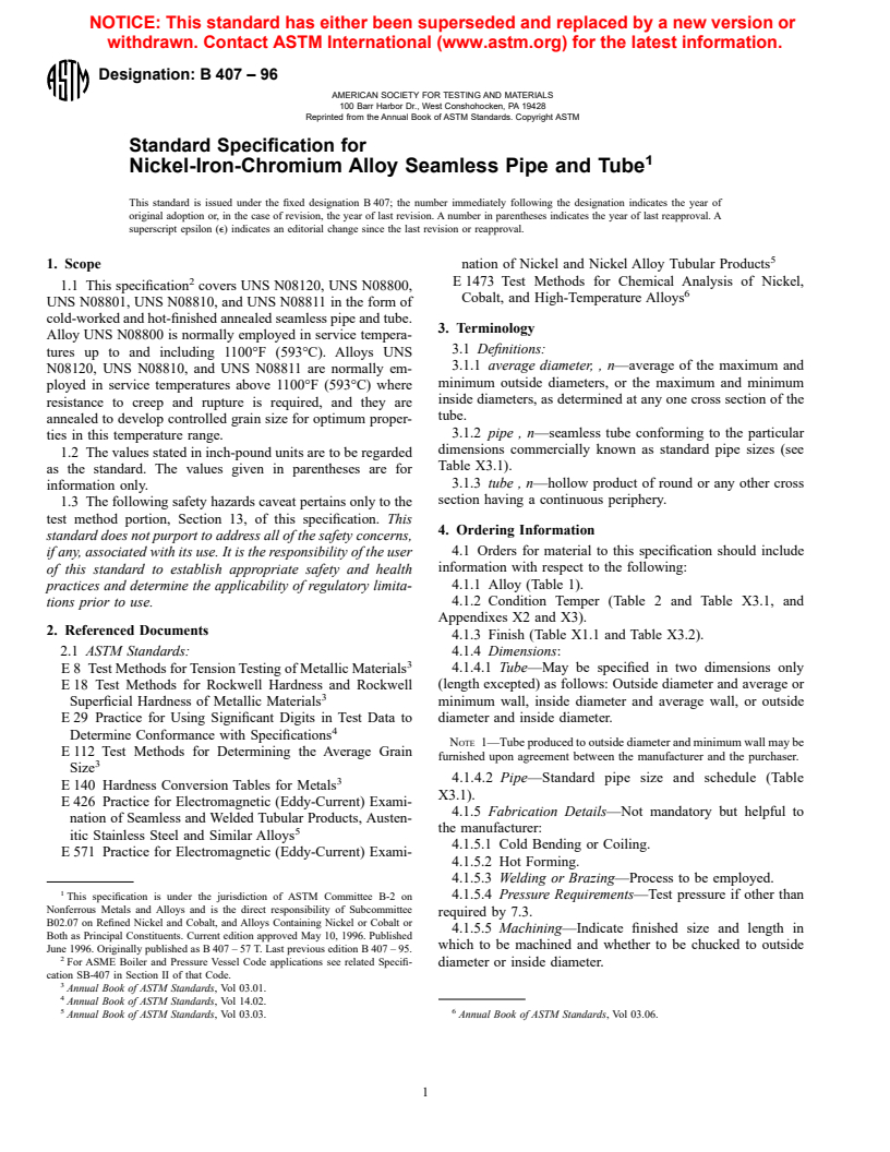 ASTM B407-96 - Standard Specification for Nickel-Iron-Chromium Alloy Seamless Pipe and Tube