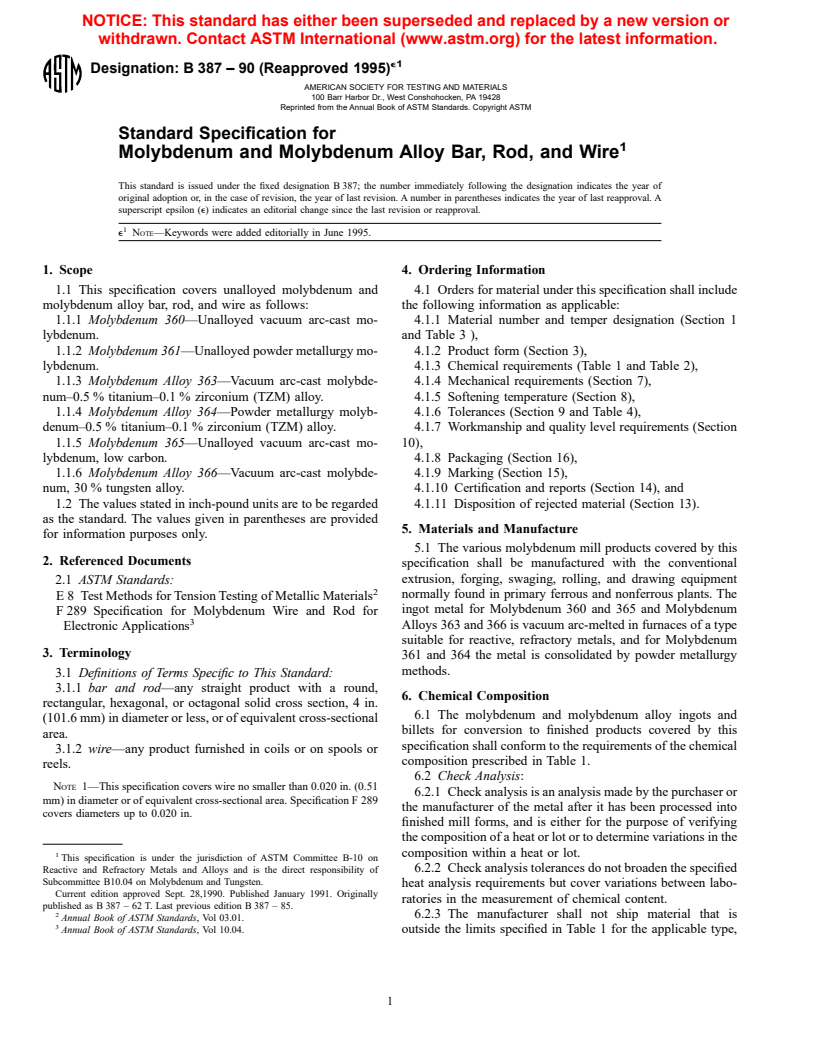 ASTM B387-90(1995)e1 - Standard Specification for Molybdenum and Molybdenum Alloy Bar, Rod, and Wire