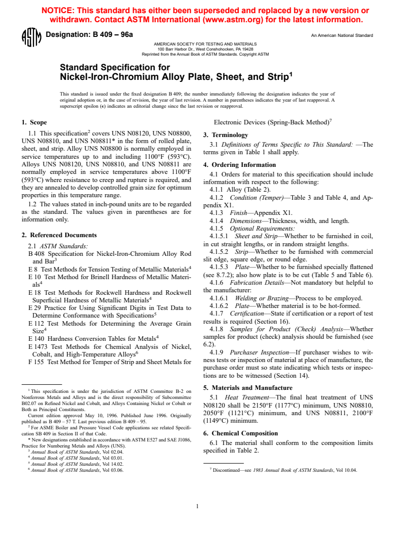 ASTM B409-96a - Standard Specification for Nickel-Iron-Chromium Alloy Plate, Sheet, and Strip