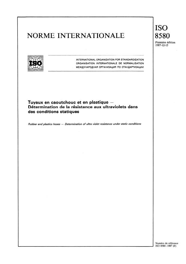 ISO 8580:1987 - Tuyaux en caoutchouc et en plastique -- Détermination de la résistance aux ultraviolets dans des conditions statiques