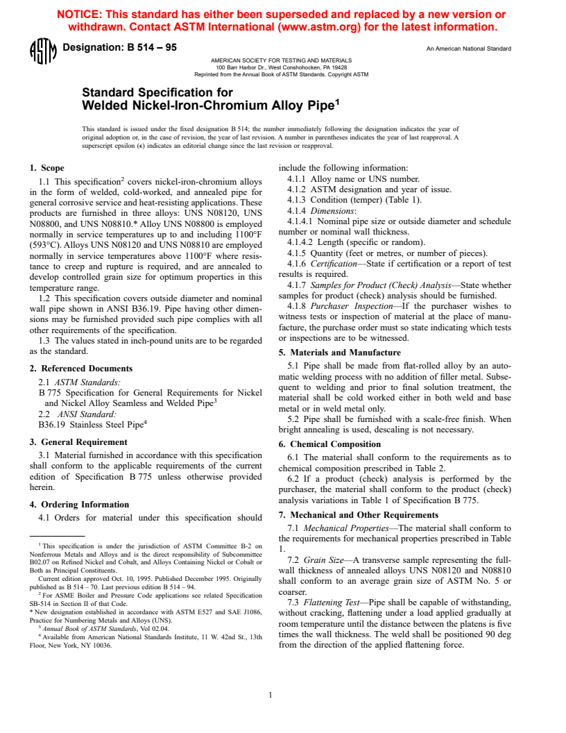 ASTM B514-95 - Standard Specification for Welded Nickel-Iron-Chromium Alloy Pipe