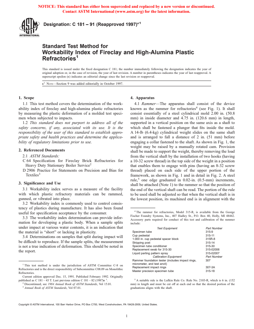 ASTM C181-91(1997)e1 - Standard Test Method for Workability Index of Fireclay and High-Alumina Plastic Refractories