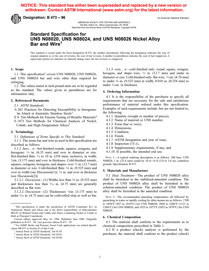 ASTM B473-96 - Standard Specification for UNS N08020, UNS N08024, and UNS N08026 Nickel Alloy Bar and Wire