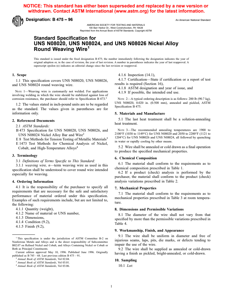 ASTM B475-96 - Standard Specification for UNS N08020, UNS N08024, and UNS N08026 Nickel Alloy Round Weaving Wire