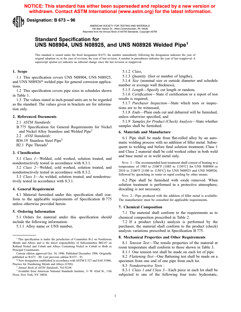 ASTM B673-96 - Standard Specification for UNS N08904, UNS N08925, and UNS N08926 Welded Pipe