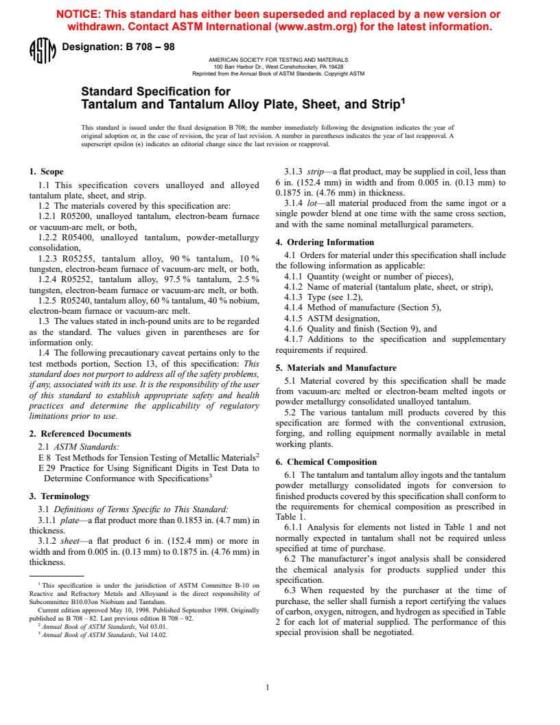 ASTM B708-98 - Standard Specification for Tantalum and Tantalum Alloy Plate, Sheet, and Strip