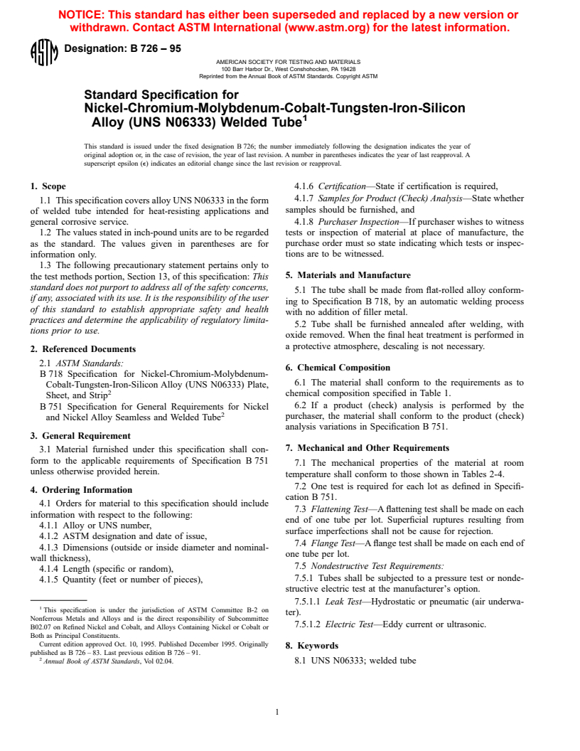 ASTM B726-95 - Standard Specification for Nickel-Chromium-Molybdenum-Cobalt-Tungsten-Iron-Silicon  Alloy (UNS N06333)     Welded Tube