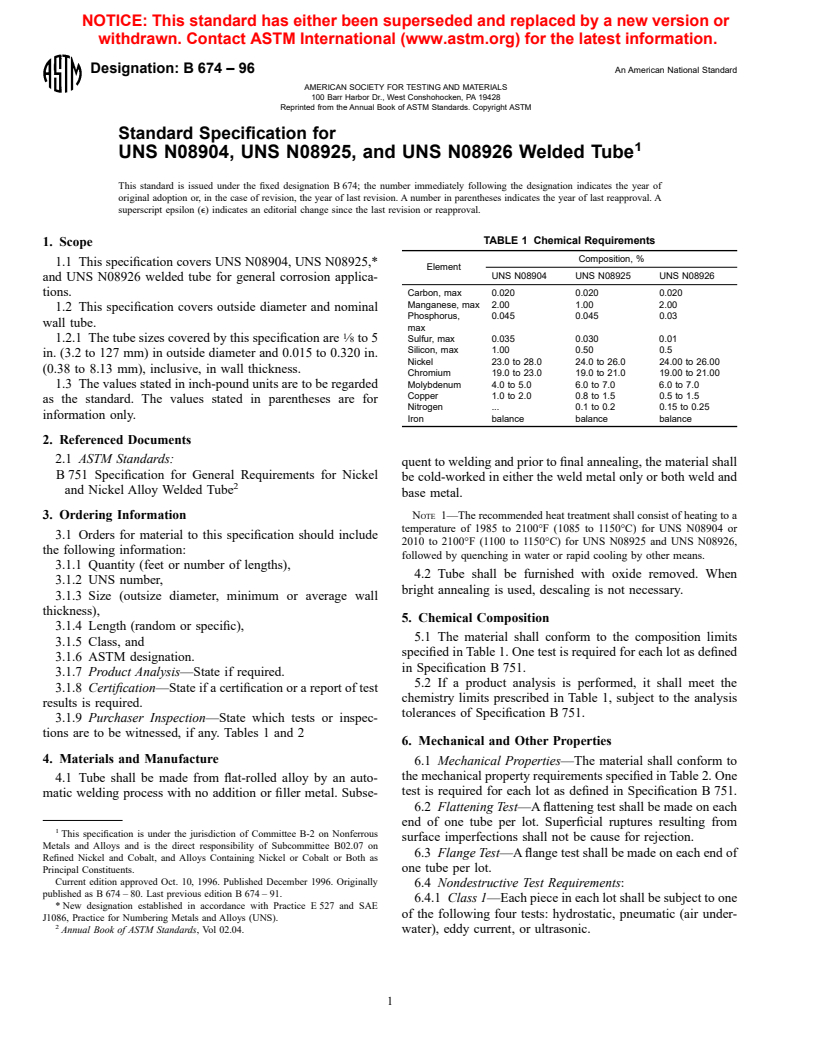 ASTM B674-96 - Standard Specification for UNS N08904, UNS N08925, and UNS N08926 Welded Tube