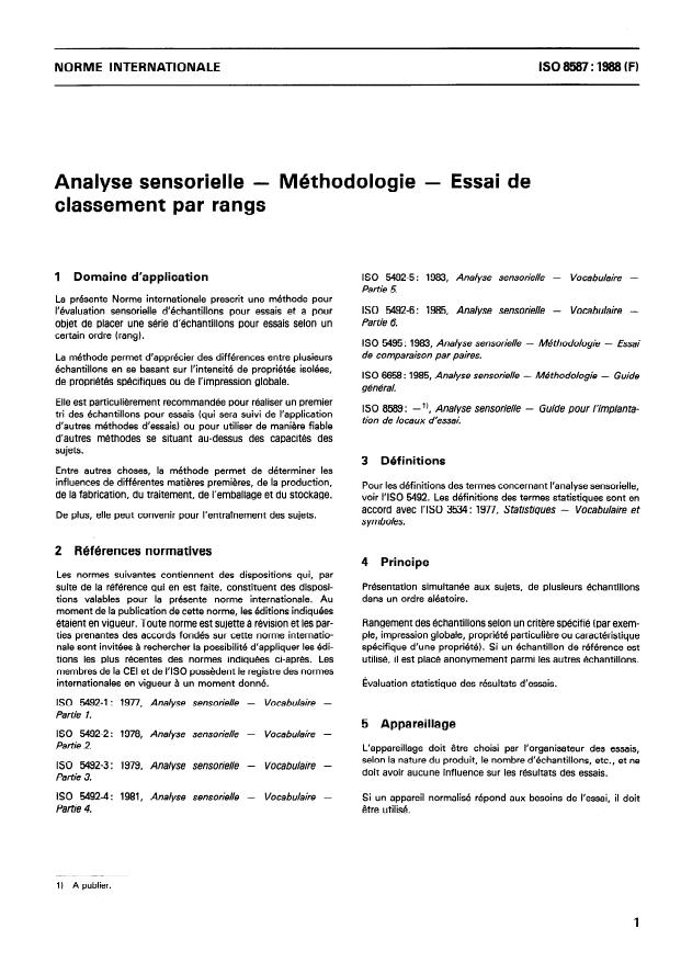 ISO 8587:1988 - Analyse sensorielle -- Méthodologie -- Essai de classement par rangs