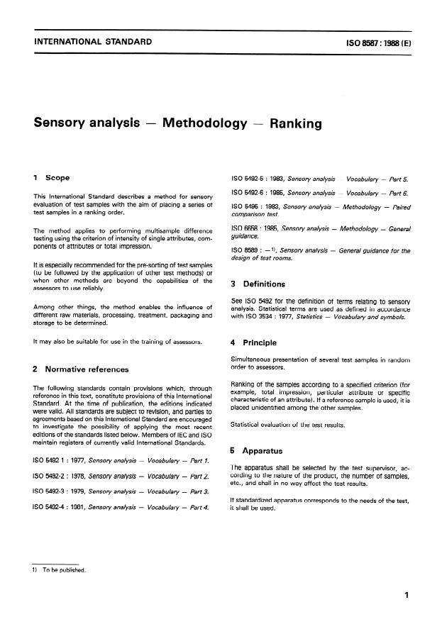 ISO 8587:1988 - Sensory analysis -- Methodology -- Ranking