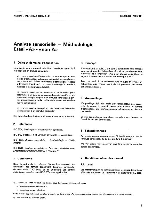 ISO 8588:1987 - Analyse sensorielle -- Méthodologie -- Essai "A" - "non A"