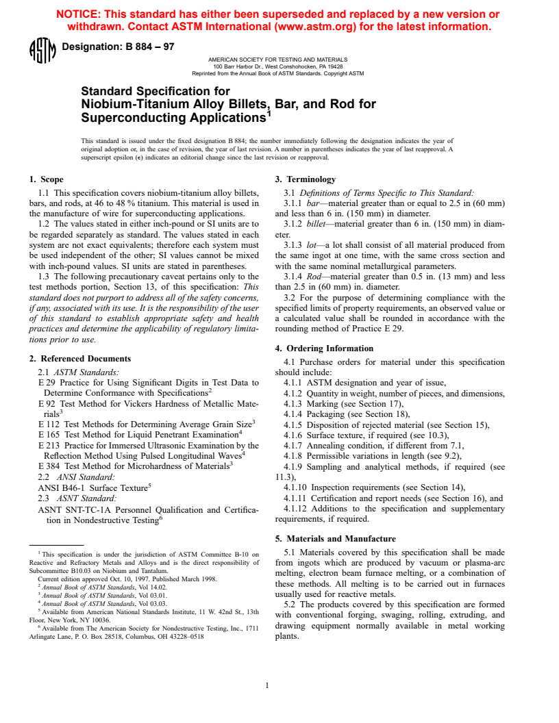 ASTM B884-97 - Standard Specification for Niobium-Titanium Alloy Billets, Bar and Rod for Superconducting Applications