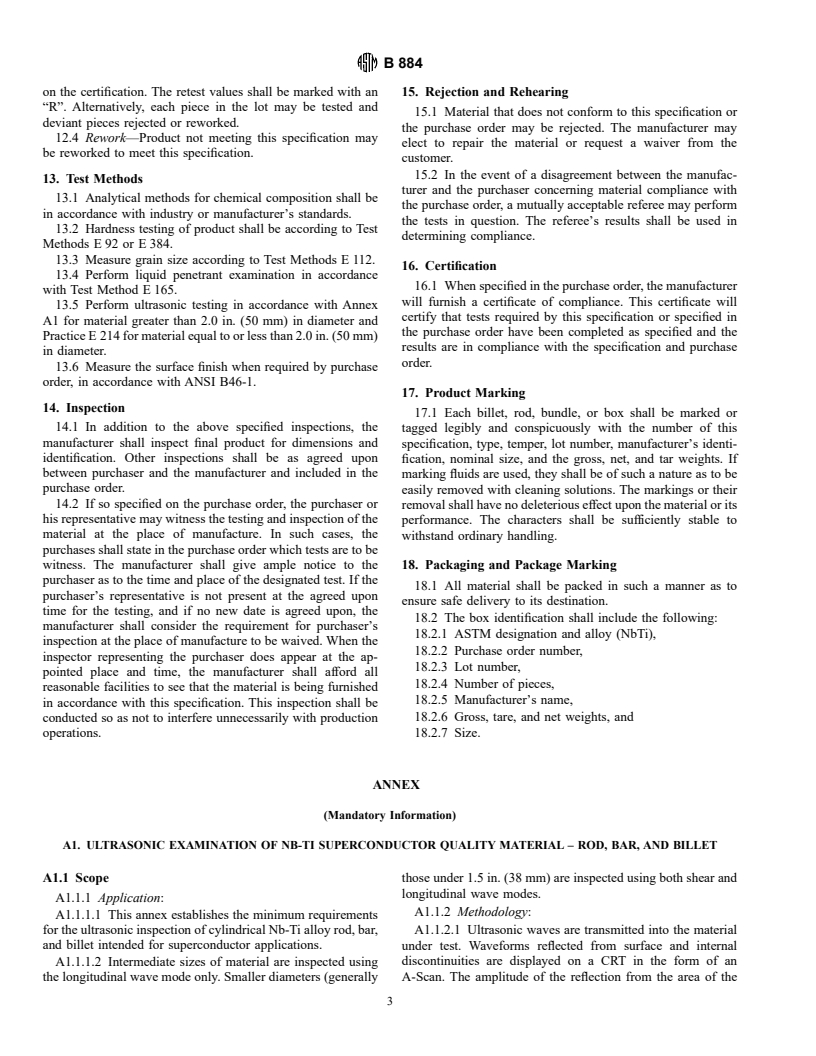 ASTM B884-97 - Standard Specification for Niobium-Titanium Alloy Billets, Bar and Rod for Superconducting Applications