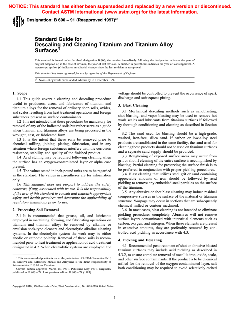 ASTM B600-91(1997)e1 - Standard Guide for Descaling and Cleaning Titanium and Titanium Alloy Surfaces