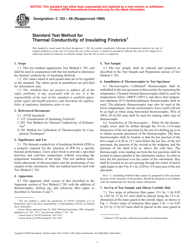 ASTM C182-88(1998) - Standard Test Method for Thermal Conductivity of Insulating Firebrick