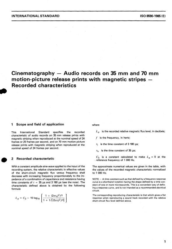ISO 8590:1985 - Cinematography -- Audio records on 35 mm and 70 mm motion-picture release prints with magnetic stripes -- Recorded characteristics