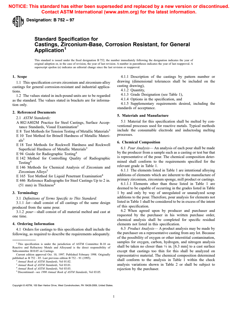 ASTM B752-97 - Standard Specification for Castings, Zirconium-Base, Corrosion Resistant, for General Application