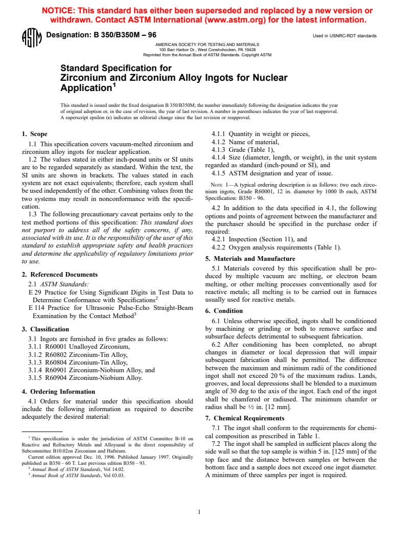 ASTM B350/B350M-96 - Standard Specification for Zirconium and Zirconium Alloy Ingots for Nuclear Application