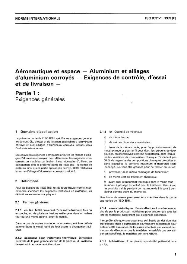 ISO 8591-1:1989 - Aéronautique et espace -- Aluminium et alliages d'aluminium corroyés -- Exigences de contrôle, d'essai et de livraison