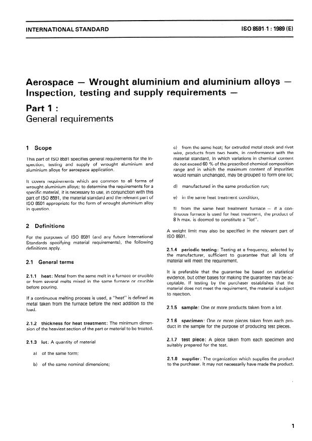 ISO 8591-1:1989 - Aerospace -- Wrought aluminium and aluminium alloys -- Inspection, testing and supply requirements