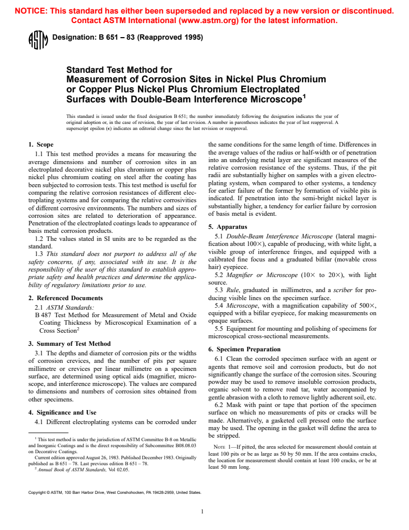 ASTM B651-83(1995) - Standard Test Method for Measurement of Corrosion Sites in Nickel Plus Chromium or Copper Plus Nickel Plus Chromium Electroplated Surfaces with the Double-Beam Interference Microscope