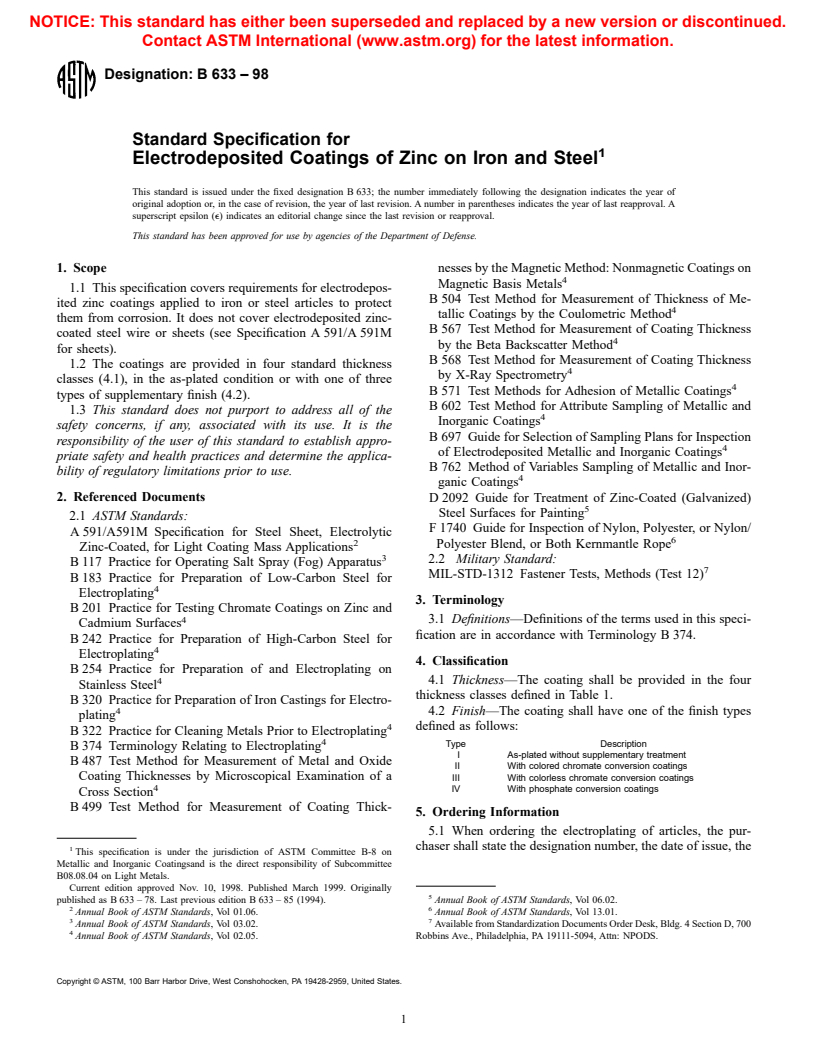 ASTM B633-98 - Standard Specification for Electrodeposited Coatings of Zinc on Iron and Steel