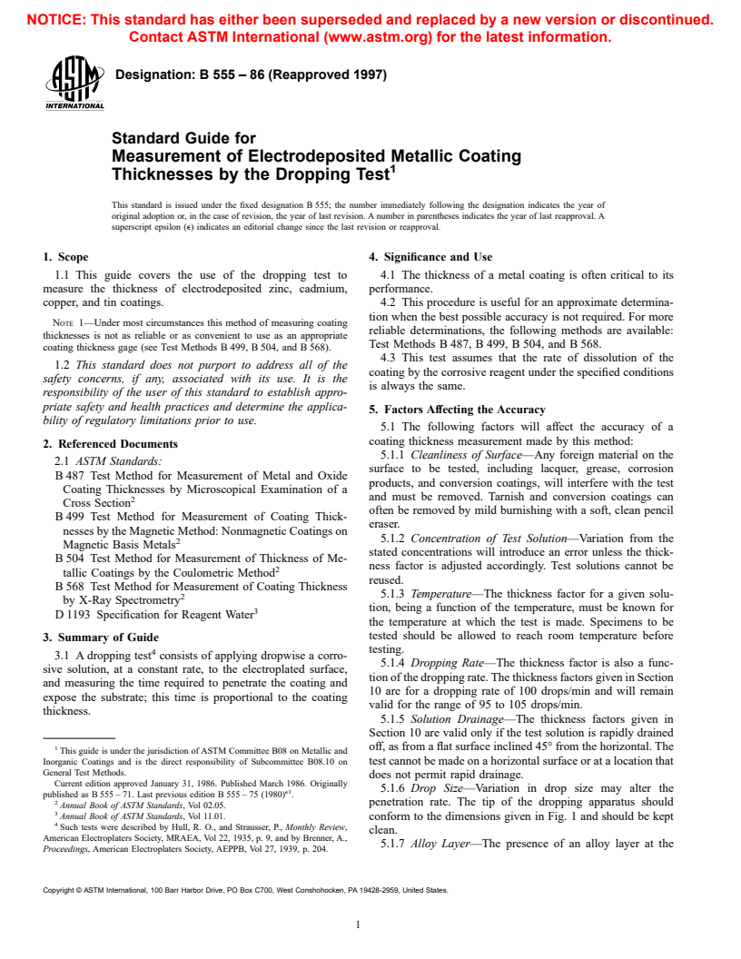ASTM B555-86(1997) - Standard Guide for Measurement of Electrodeposited Metallic Coating Thicknesses by the Dropping Test