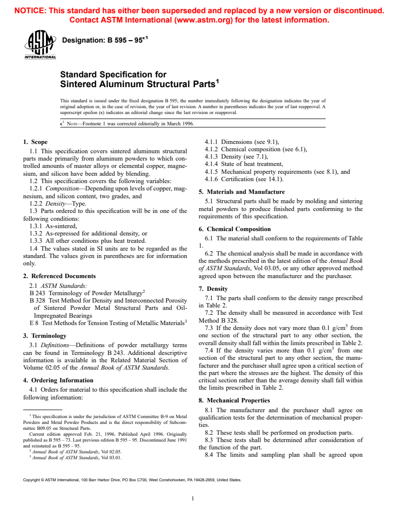 ASTM B595-95e1 - Standard Specification for Sintered Aluminum Structural Parts