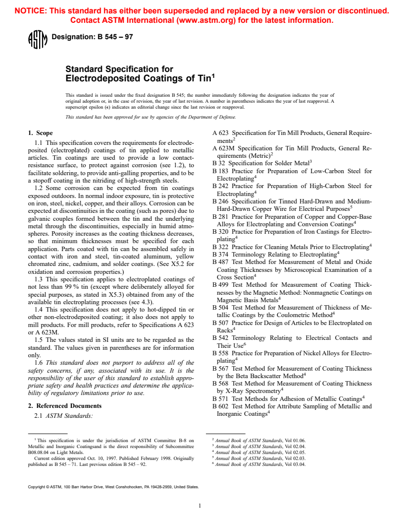 ASTM B545-97 - Standard Specification for Electrodeposited Coatings of Tin