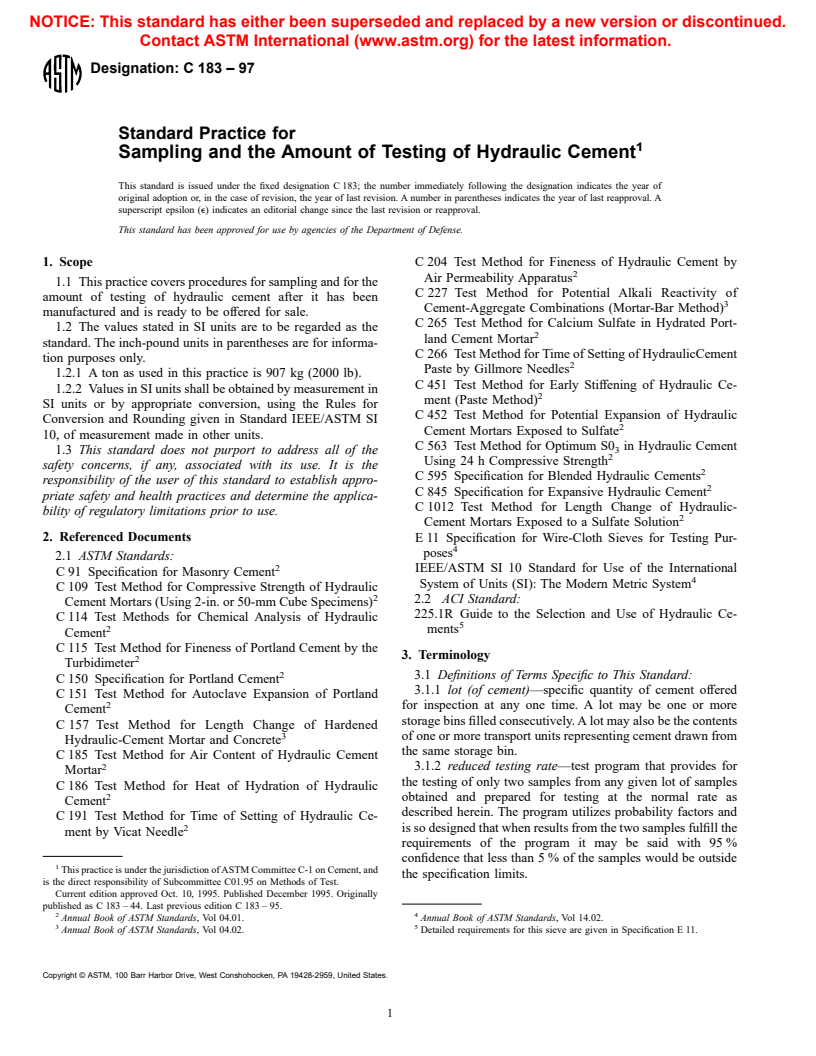 ASTM C183-97 - Standard Practice for Sampling and the Amount of Testing of Hydraulic Cement