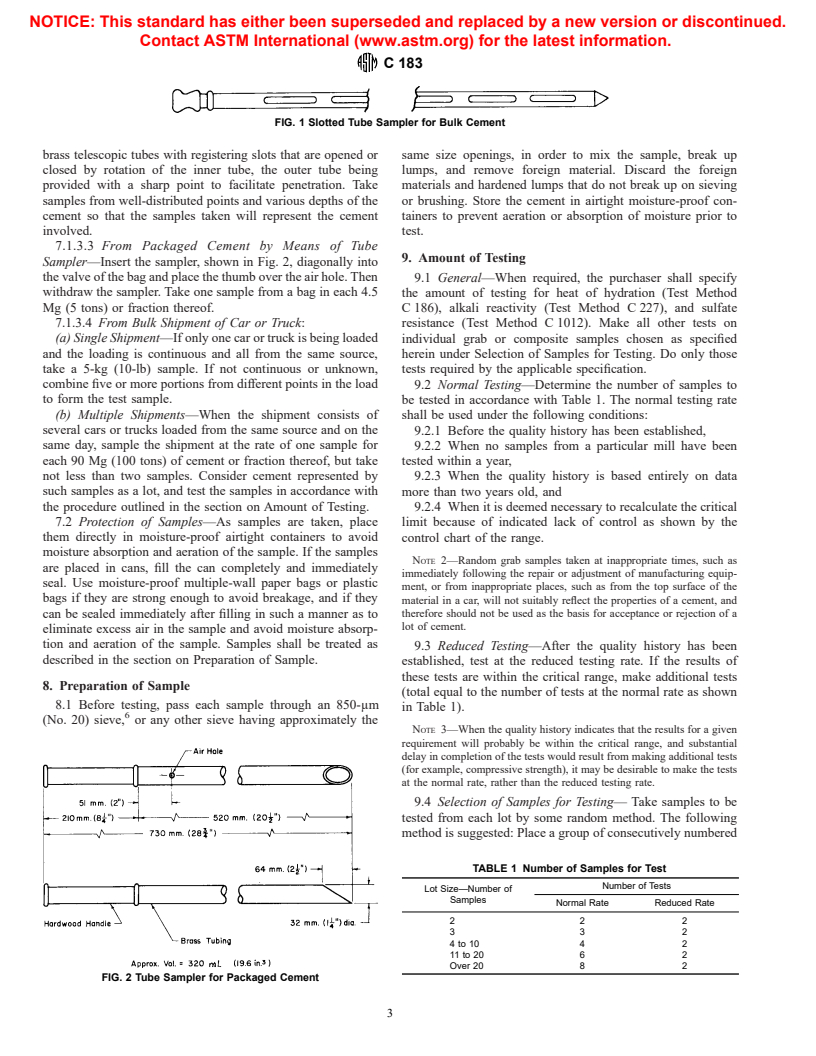 ASTM C183-97 - Standard Practice for Sampling and the Amount of Testing of Hydraulic Cement