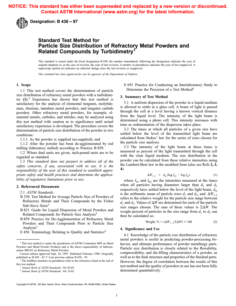 ASTM B430-97 - Standard Test Method for Particle Size Distribution of Refractory Metal Powders and Related Compounds by Turbidimetry