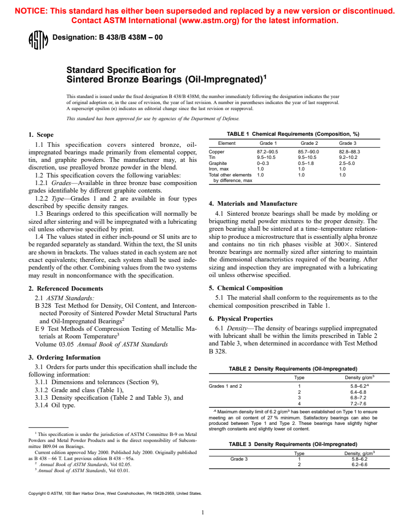 ASTM B438/B438M-00 - Standard Specification for Sintered Bronze Bearings (Oil-Impregnated)