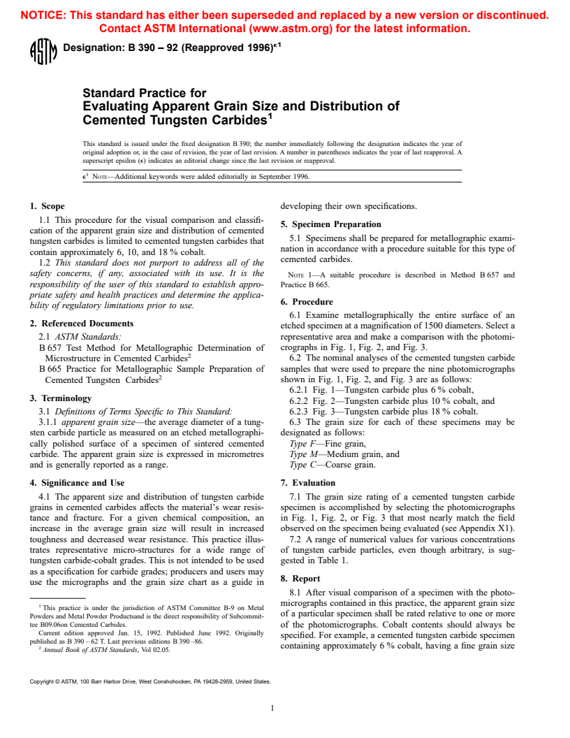 ASTM B390-92(1996)e1 - Standard Practice for Evaluating Apparent Grain Size and Distribution of Cemented Tungsten Carbides