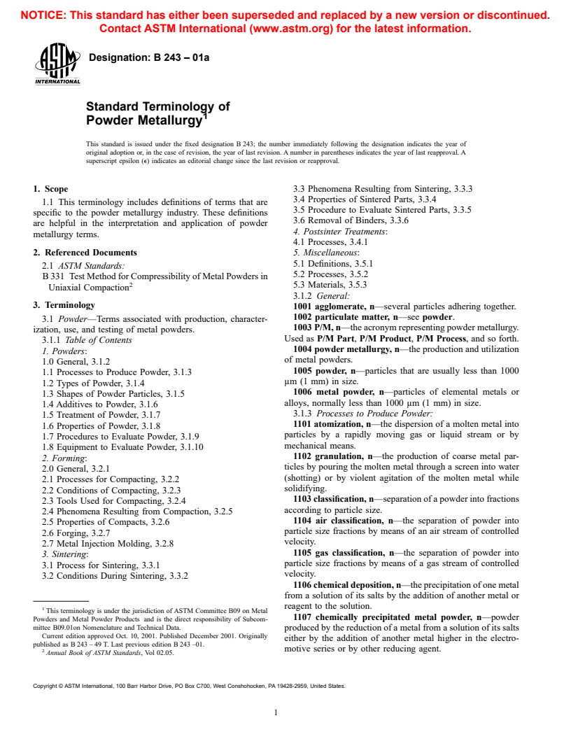 ASTM B243-01a - Standard Terminology of Powder Metallurgy