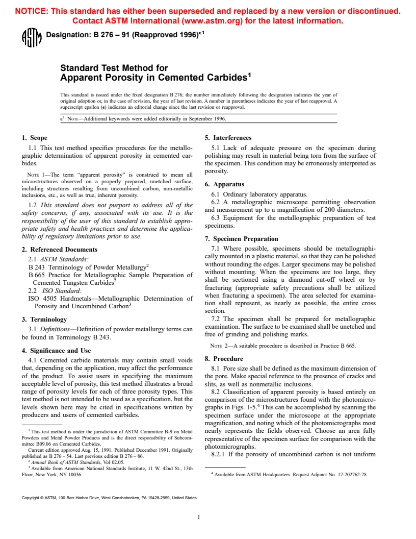 ASTM B276-91(1996)e1 - Standard Test Method for Apparent Porosity in Cemented Carbides