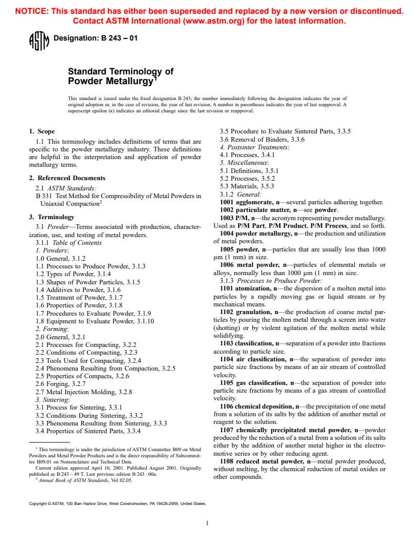 ASTM B243-01 - Standard Terminology of Powder Metallurgy