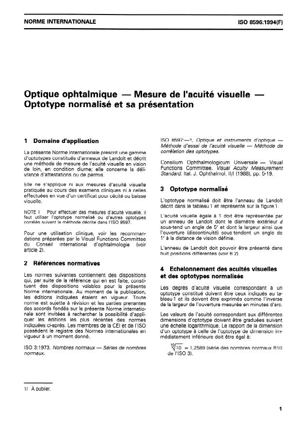ISO 8596:1994 - Optique ophtalmique -- Mesure de l'acuité visuelle -- Optotype normalisé et sa présentation