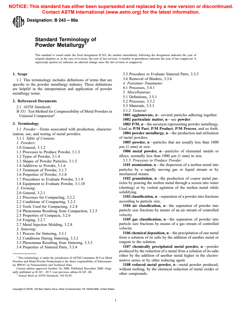 ASTM B243-00a - Standard Terminology of Powder Metallurgy