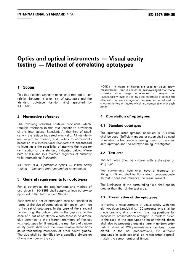 ISO 8597:1994 - Optics and optical instruments -- Visual acuity testing -- Method of correlating optotypes