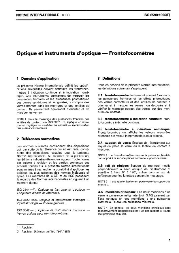ISO 8598:1996 - Optique et instruments d'optique -- Frontofocometres