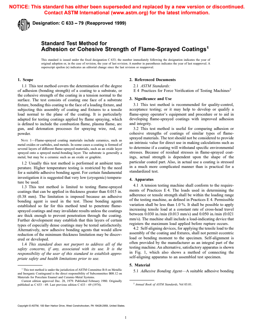 ASTM C633-79(1999) - Standard Test Method for Adhesion or Cohesion Strength of Thermal Spray Coatings