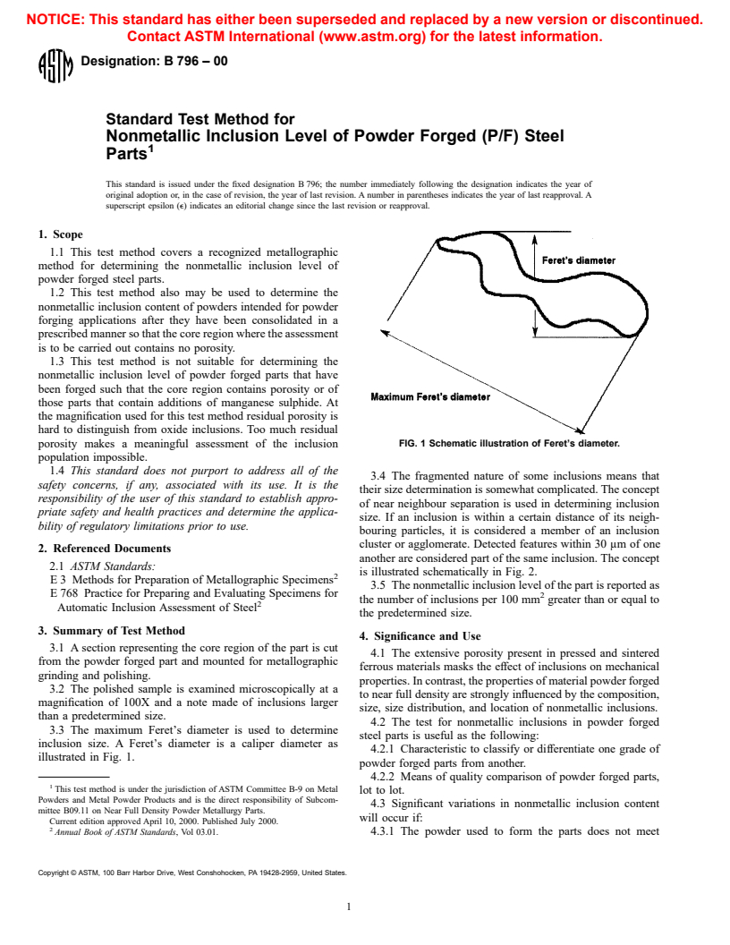 ASTM B796-00 - Standard Test Method for Nonmetallic Inclusion Content of Powders Intended for Powder Forging (P/F) Applications