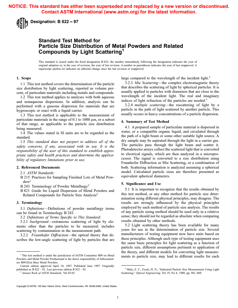 ASTM B822-97 - Standard Test Method for Particle Size Distribution of Metal Powders and Related Compounds by Light Scattering