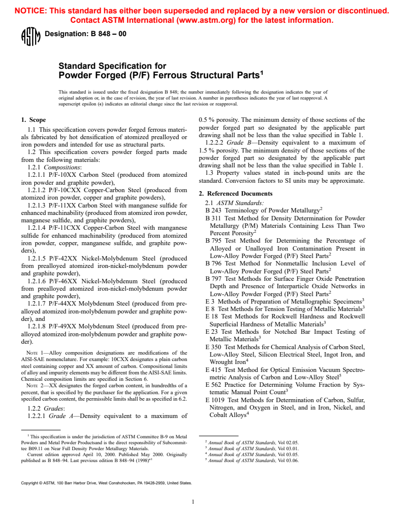 ASTM B848-00 - Standard Specification for Powder Forged (P/F) Ferrous Structural Parts