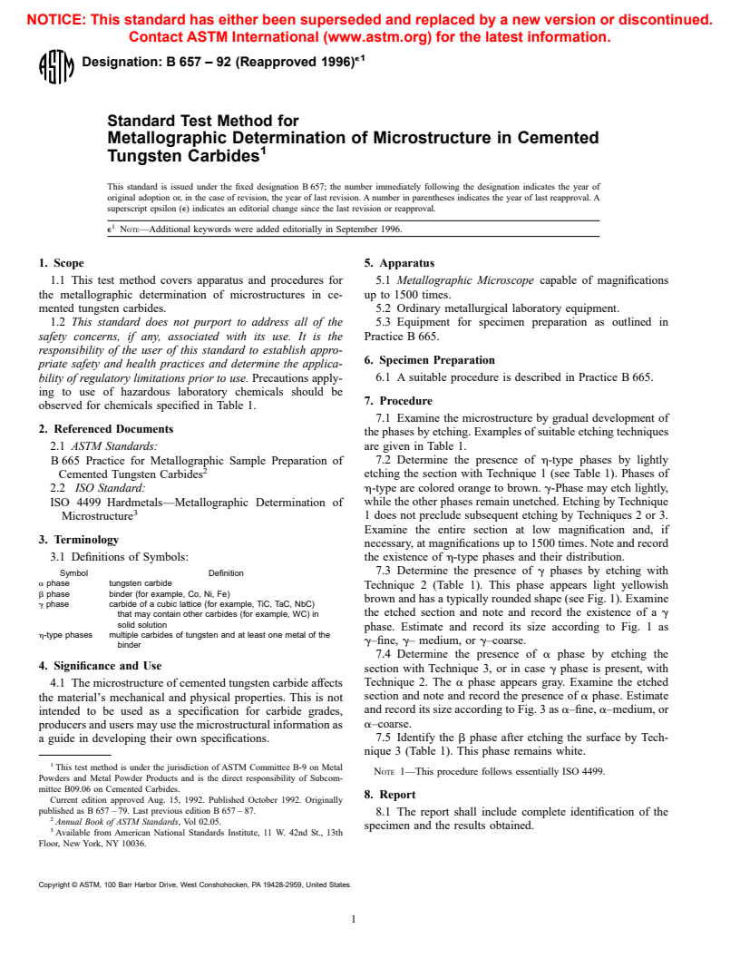 ASTM B657-92(1996)e1 - Standard Test Method for Metallographic Determination of Microstructure in Cemented Tungsten Carbides