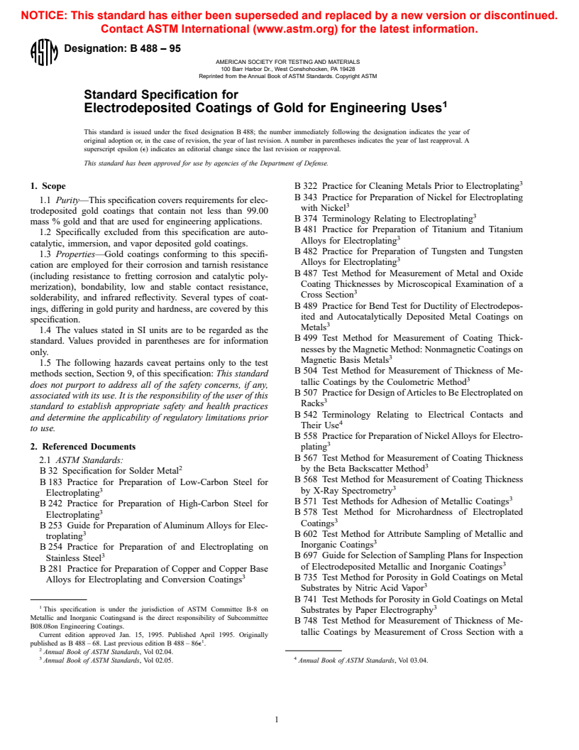 ASTM B488-95 - Standard Specification for Electrodeposited Coatings of Gold for Engineering Uses